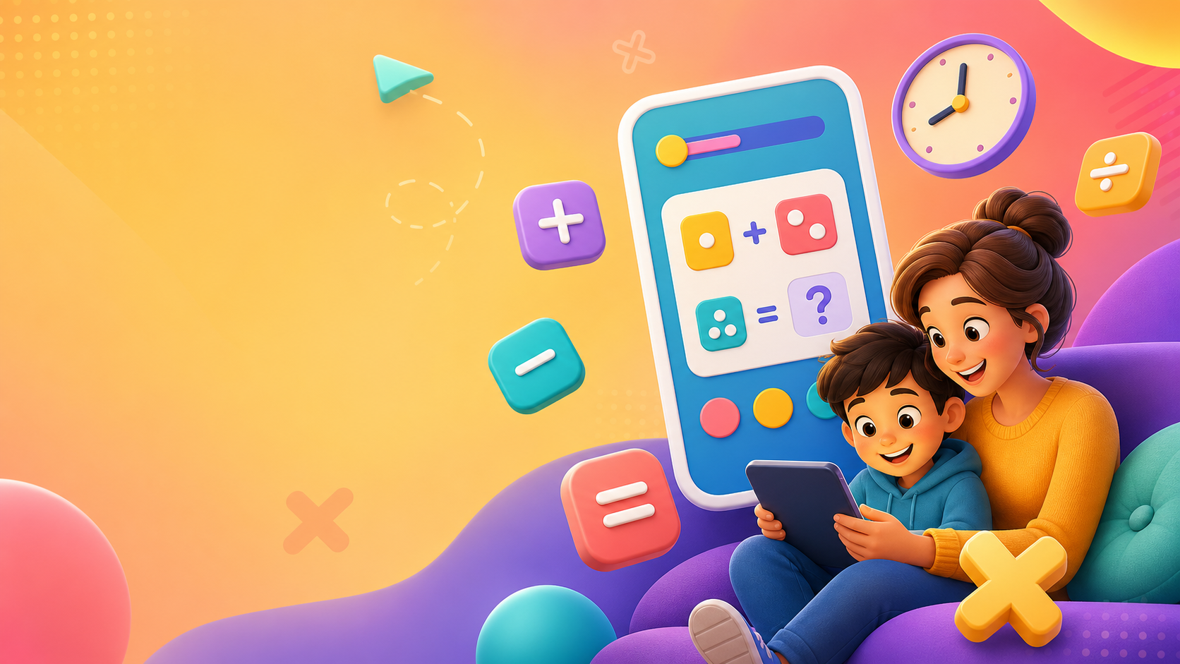 Colorful Math Break illustration with app panels, math symbols, and time motifs